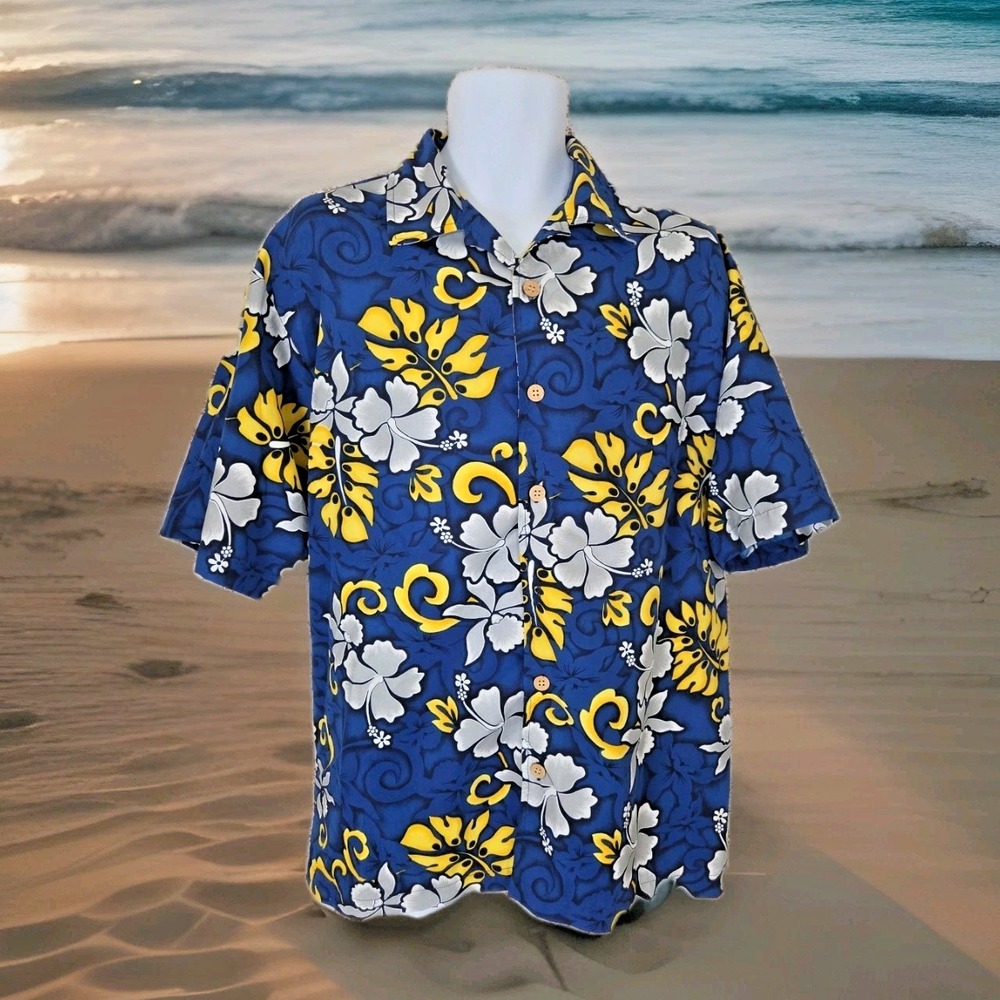 Odo Hawaiian Shirt L Blue Yellow Floral Allover Print‎ Casual Resort Wear Aloha
